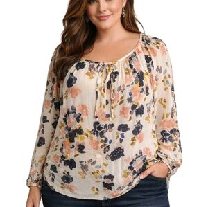 Lucky Brand Floral Long-Sleeve Peasant Top Cream with Blue & Pink Floral Print